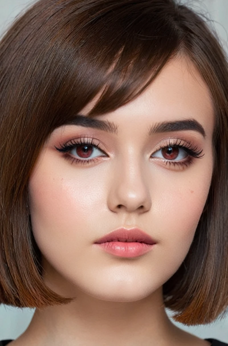 beautiful girl 19 years old, sexy thoughtful look, ruby eyes, Bob haircut, dark makeup, super detailed photography, soft light, head and shoulders portrait, detailed pores on the face highlight a beautiful woman's face