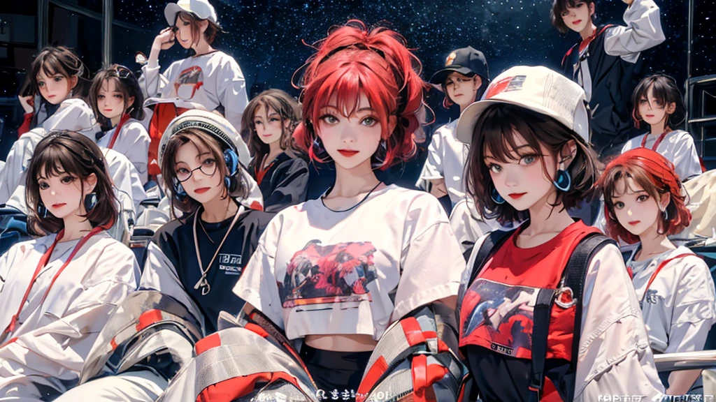 masterpiece, best quality, Sit by the window,, Look at the stars, night travel, Beautiful starry sky, a beautiful girl with, bob cut,Bangs ,Top of crop, Short sleeve, crop top, breast, Ultra HD Portraits, (high quality) (Super detailed) Wearing headphones, Looking at the audience dressed in hip-hop style streetwear; different, Colorful, Wide-angle lens, perfect anatomy:1.5, 16:Scale 9