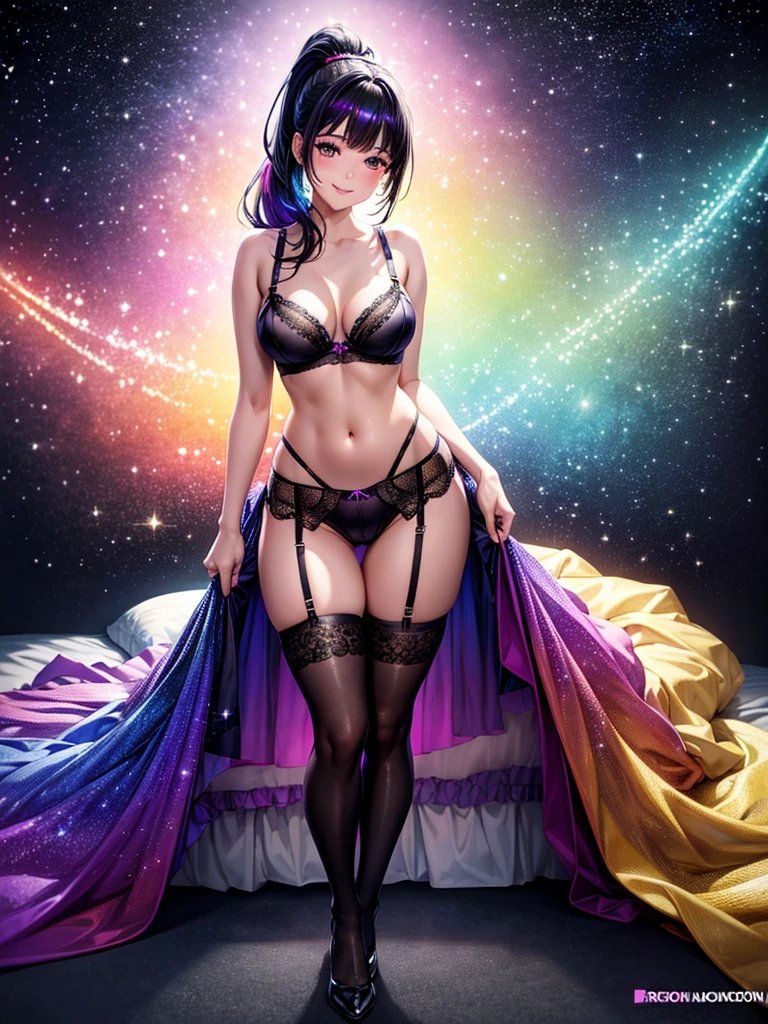 Highest quality,Highest Resolution,４K quality,Smiling beautiful girl,Full body close-up,Starry Eyes,Black hair ponytail,,Iridescent Bra,Iridescent underwear,High leg,Rainbow garter belt,Rainbow colored knee-high stockings,Dark bedroom at night,Purple bedding,Iridescent underwear,Standing posture,