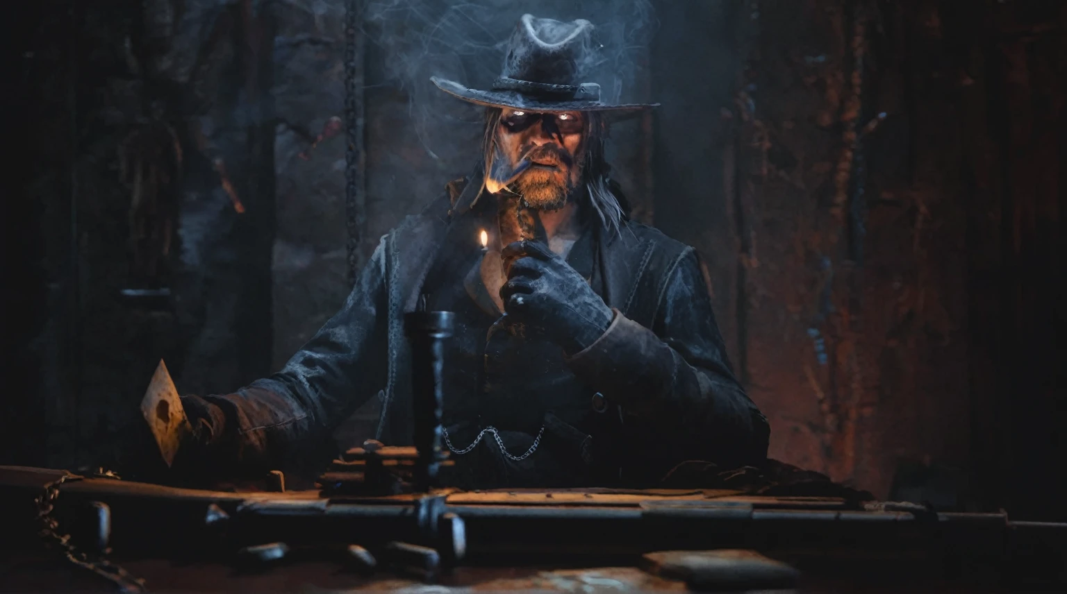 there is a man with a hat and a candle in a dark room, Portrait of a Bloody Hunter, Wild West, Jesse McCree, em red dead redention 2, strange west, badass composition, the cowboy in the strange west, post - apocalyptic cowboy, necromancer sitting at table, a skeleton smoking a cigar