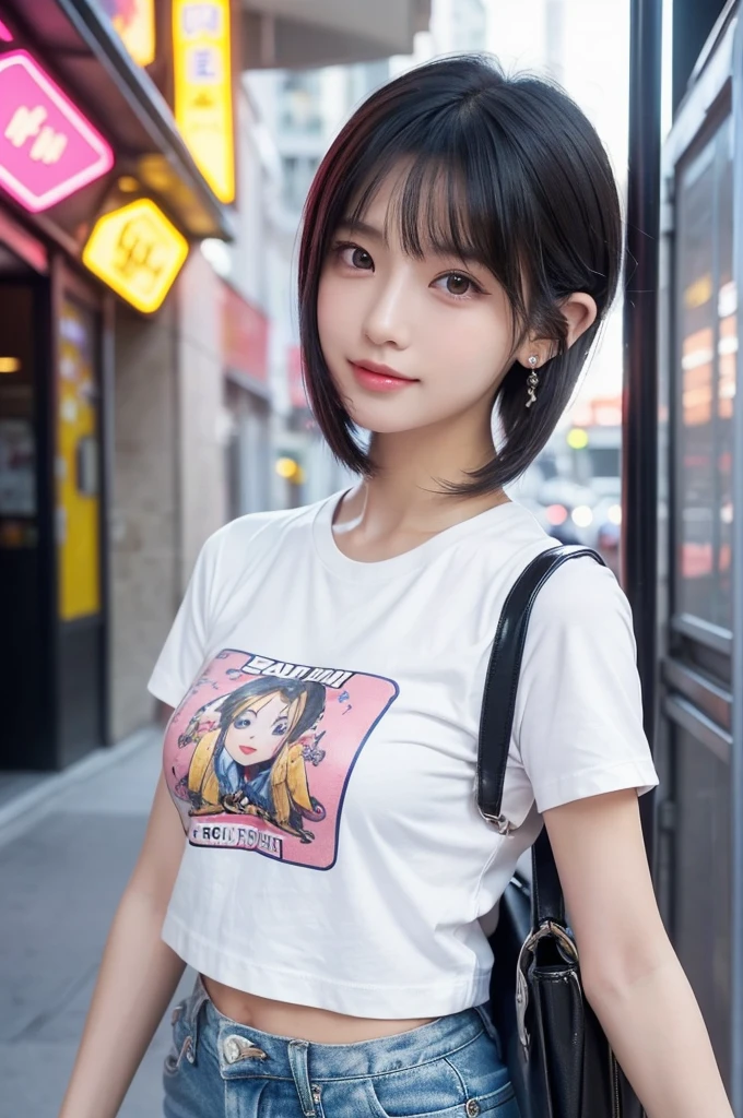 ((highest quality)), ((masterpiece)), (detailed),Japanese Beauty, One Girl, (beautiful girl:1.3), (20-year-old:1.2), Very fine grain definition, (Symmetrical eyes:1.3), Beautiful breasts, Brown eyes, Parted bangs, Dark Hair, Medium Hair, (pout:1.3),  (Denim shorts:1.3), (Oversized T-shirt:1.3), Cafe, Arching one&#39;s back
