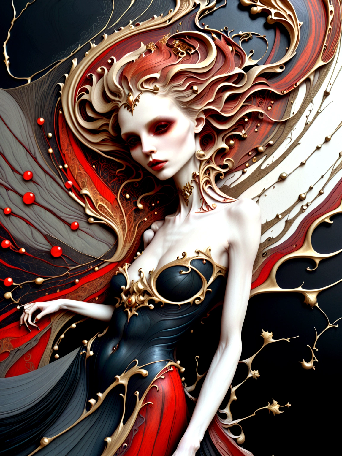 a beautiful illustration of a vampire woman made from an abstract marble texture, with colors of black, red and gold, highly detailed, intricate design, marble material, BY Anne Bachelier,