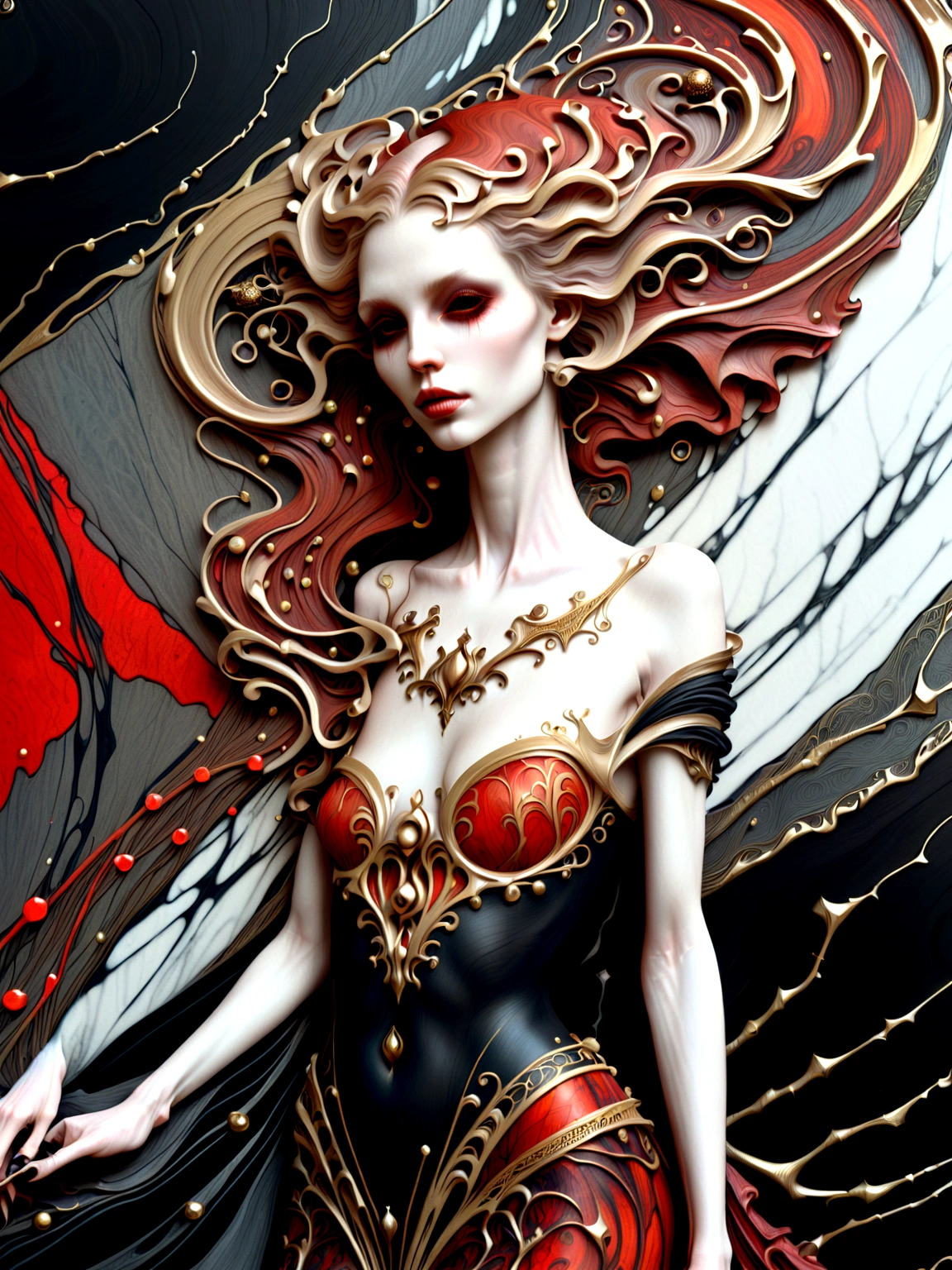 a beautiful illustration of a vampire woman made from an abstract marble texture, with colors of black, red and gold, highly detailed, intricate design, marble material, BY Anne Bachelier,