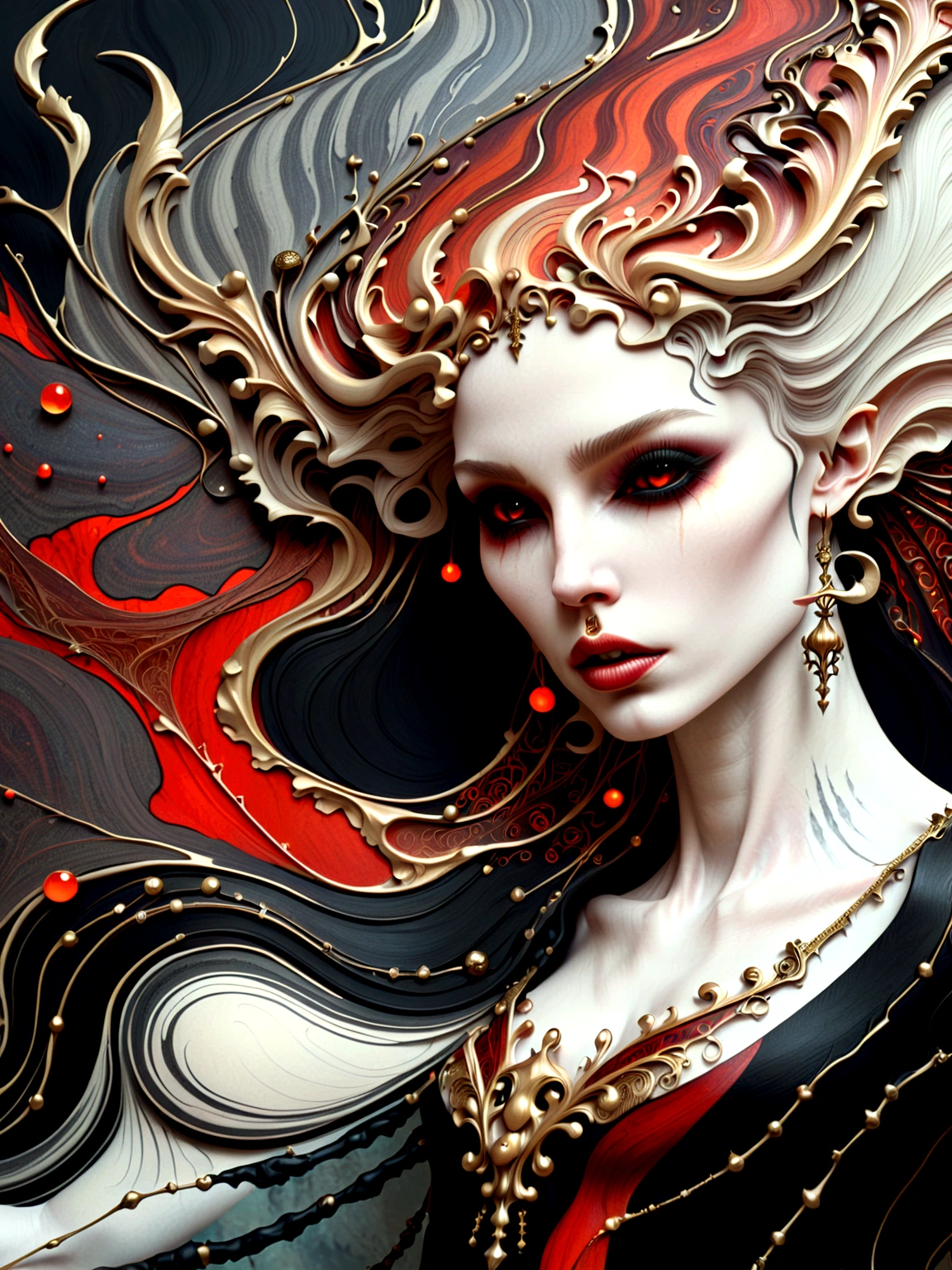 a beautiful illustration of a vampire woman made from an abstract marble texture, with colors of black, red and gold, highly detailed, intricate design, marble material, BY Anne Bachelier,