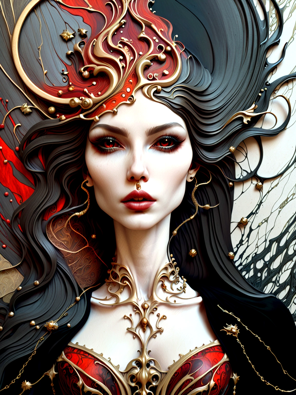 a beautiful illustration of a vampire woman made from an abstract marble texture, with colors of black, red and gold, highly detailed, intricate design, marble material, BY Anne Bachelier,