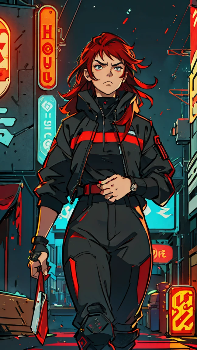 ((Best quality)) ((Detailed)) A cinematographic scene of a serious badass long red hair girl with black techwear clothes, Neon lights and buildings background
