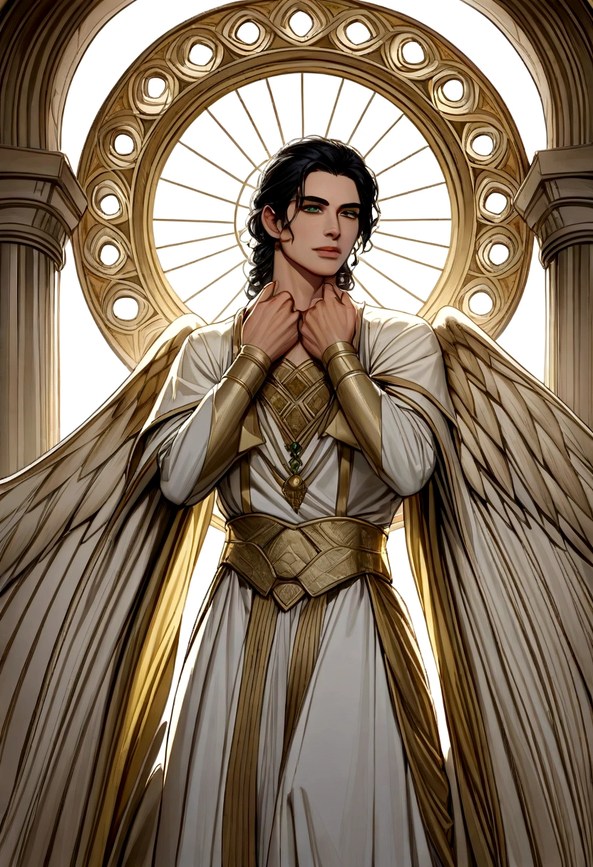 A photorealistic depiction of Himeros, the Greek god of sexual desire, standing majestically. Himeros is tall and athletic, with smooth, sun-kissed skin. His piercing green eyes are filled with seduction and wisdom, and his flowing, curly black hair cascades down to his shoulders, catching the light to highlight its luster.

He is elegantly dressed in a flowing white chiton with gold embroidery, covering his body modestly while still conveying his divine status. The chiton is secured with a golden belt at his waist, adding a touch of regality to his appearance.

From his back, large, magnificent wings extend, their feathers shimmering with subtle iridescence, capturing the light in hues of white and gold. The wings add an ethereal quality to his presence, emphasizing his divine nature.

Standing next to Himeros is a wooden staff, ancient and intricately carved with symbols of healing. Coiled around the staff is a single serpent, its iridescent scales reflecting shades of green, gold, and blue. The serpent's eyes glint with mystical intelligence, and its tongue flickers as it senses the energy around it, adding a sense of life and vigilance to the scene.

The background features an ethereal landscape with soft, golden light filtering through the clouds, casting a warm glow around Himeros. Elements of Greek architecture, such as marble columns and ancient temples, are interwoven with natural elements like olive trees and blooming flowers. This setting creates a divine and harmonious atmosphere, highlighting the convergence of desire and healing.