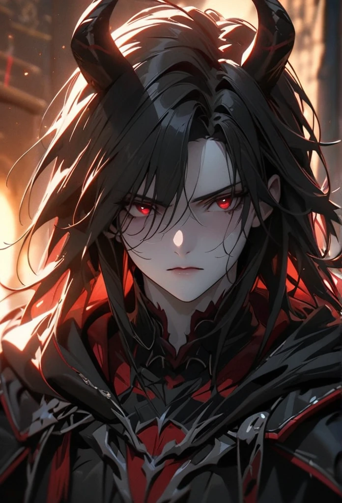 (solo), Demon lord, masculine, black hair, messy hair, mane hair, medium hair, A man bun with long hair, dense hair, wild hair, expressive hair, mature,(25 year old), pale skin, red eyes, ((man)), wearing a black robe, black armor, black demon horns,, serious, handsome, attractive, eye reflection, depth of field, thunder aura,cinematic lighting, ray tracing, depth of field, cinematic lighting, ray tracing, UHD, high details, best quality, highres, high quality, award winning, super detail, masterpiece, 8k, UHD, high details, best quality, highres, high quality, award winning, super detail, masterpiece, 8k, digital art, anime coloring, full body, body shot, good face, perfect face, detailed face, good eyes, sitting on a throne