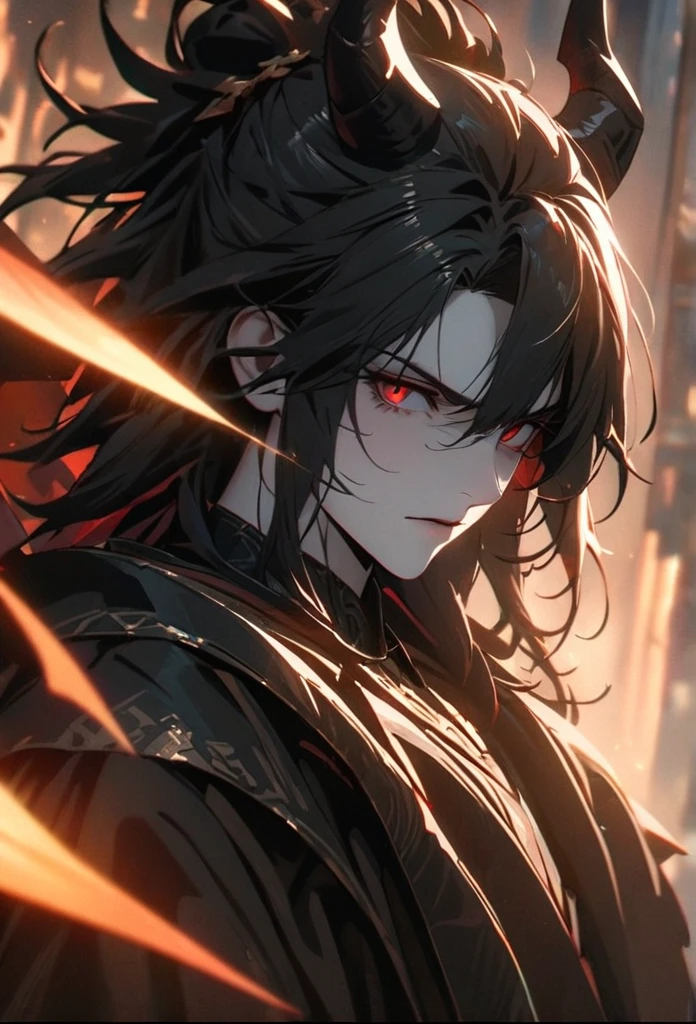 (solo), Demon lord, masculine, black hair, messy hair, mane hair, medium hair, A man bun with long hair, dense hair, wild hair, expressive hair, mature,(25 year old), pale skin, red eyes, ((man)), wearing a black robe, black armor, black demon horns,, serious, handsome, attractive, eye reflection, depth of field, thunder aura,cinematic lighting, ray tracing, depth of field, cinematic lighting, ray tracing, UHD, high details, best quality, highres, high quality, award winning, super detail, masterpiece, 8k, UHD, high details, best quality, highres, high quality, award winning, super detail, masterpiece, 8k, digital art, anime coloring, full body, body shot, good face, perfect face, detailed face, good eyes, sitting on a throne