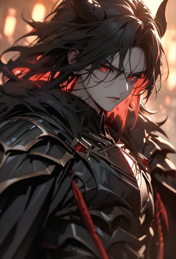 (solo), Demon lord, masculine, black hair, messy hair, mane hair, medium hair, A man bun with long hair, dense hair, wild hair, expressive hair, mature,(25 year old), pale skin, red eyes, ((man)), wearing a black robe, black armor, black demon horns,, serious, handsome, attractive, eye reflection, depth of field, thunder aura,cinematic lighting, ray tracing, depth of field, cinematic lighting, ray tracing, UHD, high details, best quality, highres, high quality, award winning, super detail, masterpiece, 8k, UHD, high details, best quality, highres, high quality, award winning, super detail, masterpiece, 8k, digital art, anime coloring, full body, body shot, good face, perfect face, detailed face, good eyes, sitting on a throne
