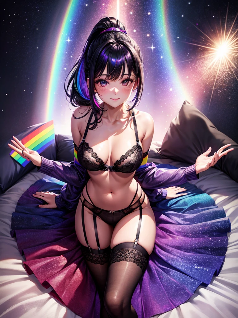 Highest quality,Highest Resolution,4K quality,Smiling beautiful girl,Full body close-up,Starry Eyes,Black hair ponytail,,Iridescent Bra,Iridescent underwear,High leg,Rainbow garter belt,Rainbow colored knee-high stockings,Dark bedroom at night,Purple bedding,Iridescent underwear,Standing posture,