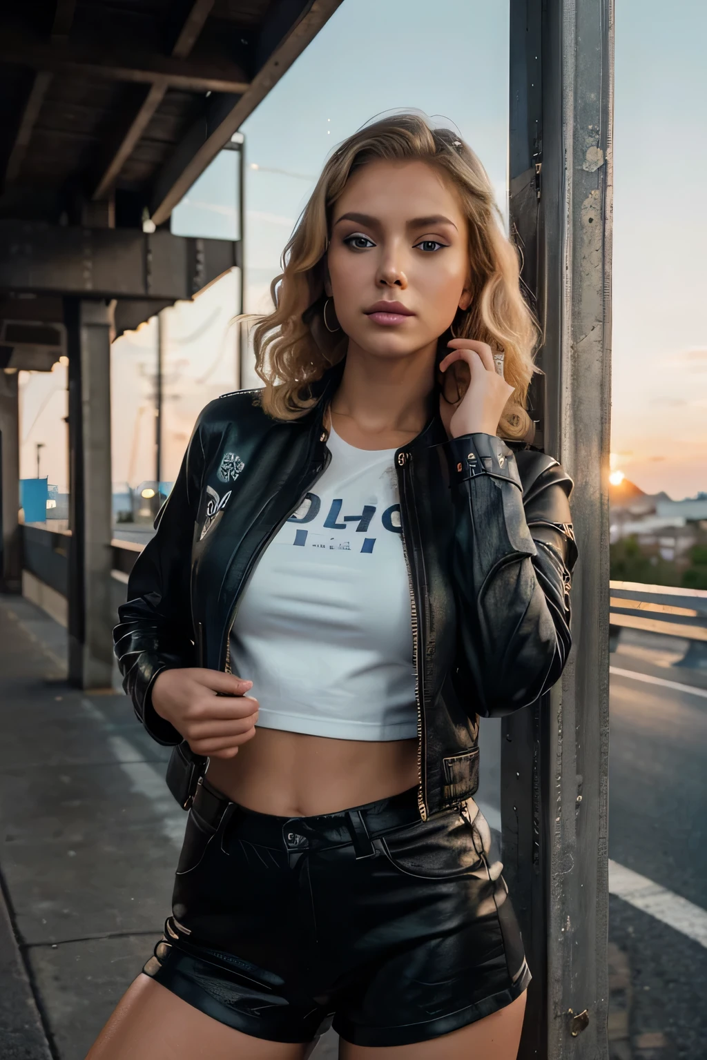 Realistic photo of a beautiful girl, 20 years old, black leather jacket, sexy stylish hot pants, earrings, tanned, baby blue eyes, big eyes, very light blond hair, curls, stylish long bob haircut, realistic, sexy, soft lighting, professional photography, photorealistic, detailed, RAW, sharp focus, ultra high res, best quality, masterpiece, (best quality, high resolution,ultra-detailed:1. 2), HDR, road, sunset