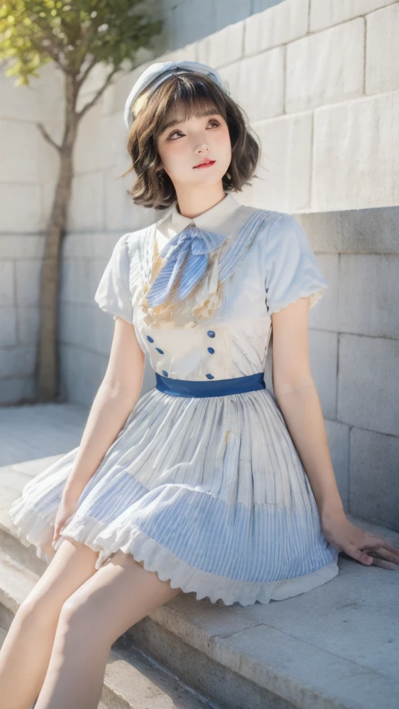 ((highest quality, 8K, masterpiece :1.3)), 1 Innocent Girl:1.3, (short hair, beautiful breasts :1.2), super mini skirt,sailor suit, super detailed face, fine eyes, double eyelid,whole body,cute face,(Sitting on stone steps),realistic face,realistic skin,white panties,smart body,hips are facing forward
