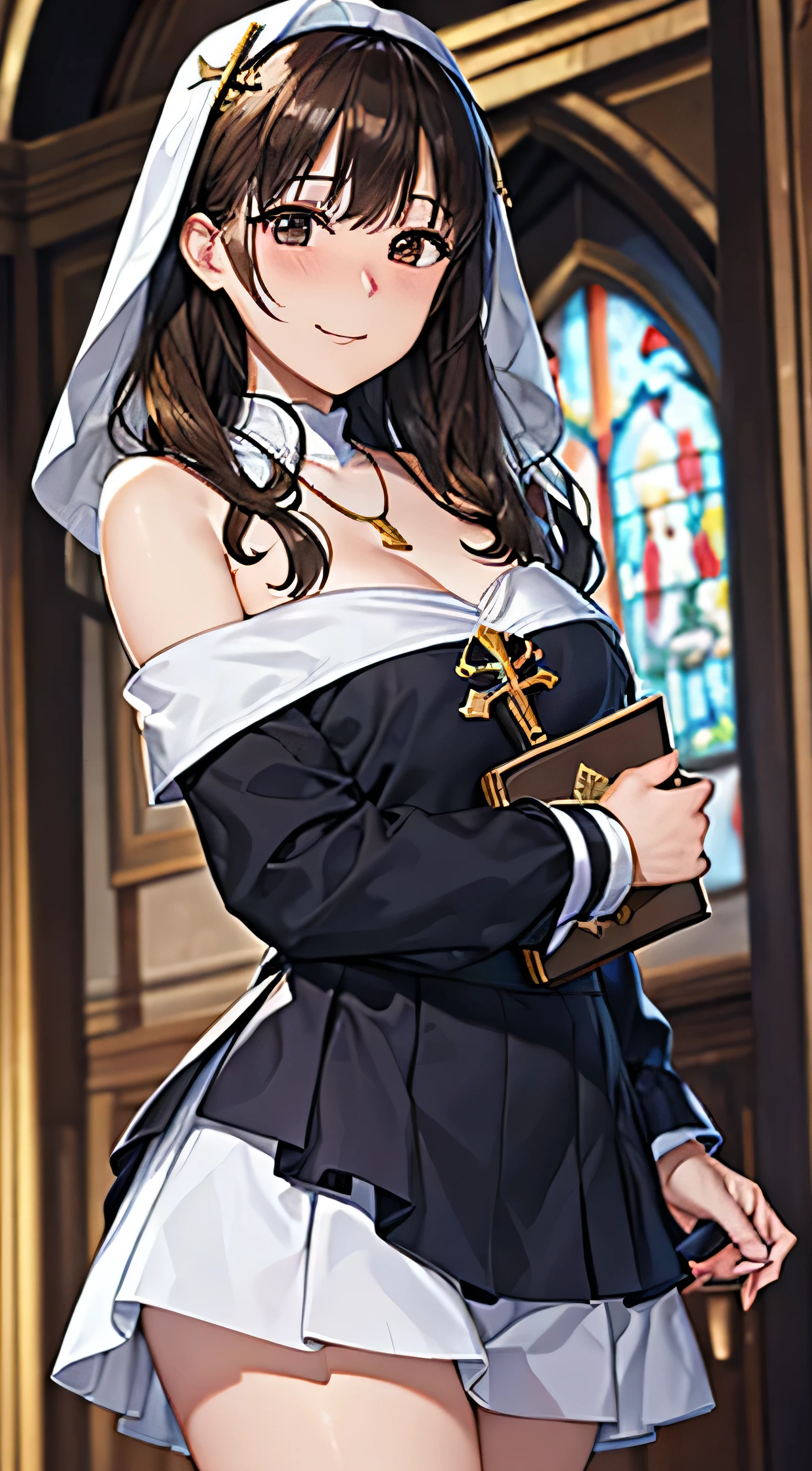 ((Tabletop, Highest quality, High resolution, , Pixel Perfect, 4K,))), 1 female, 、The whole body is visible、 ((Long Wavy Hair, bangs, Brown Hair)), ((Brown eyes, Beautiful eyelashes, Realistic eyes)), ((Detailed face, Blushing:1.2)), ((Smooth texture:0.75, Realistic texture:0.65, Realistic:1.1, Anime CG Style)), Medium sized breasts, Dynamic Angle, Perfect body, (( , , Beautiful Priest、、 Priest off-shoulder jacket、Pleat Long Flare Skirt、、)), Gold Hair Ornament、Cross Necklace、、Very embarrassing panic smile, 、Gorgeous church basilica、、、、Hold a big Bible、、、、Lace panties are visible、Bring your arms together、Stick your butt out、、、 、Angle from below)、
