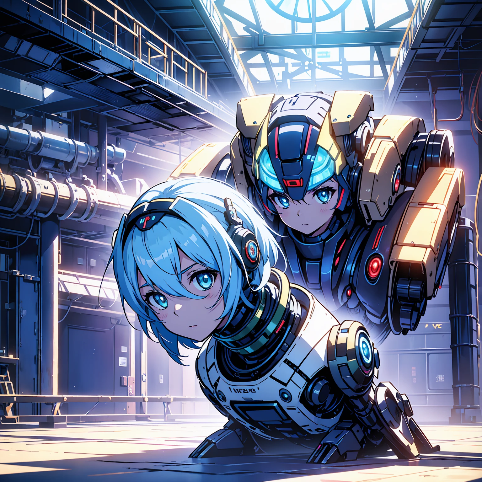 Anime characters, one age anime girl, silvery blue hair, bright blue star-shaped eyes, one Robot, Cape, Luminous Eyes, Rugged, Fantasy, Lights, outdated, old style, dark blue, bronze, Room with window, sitting