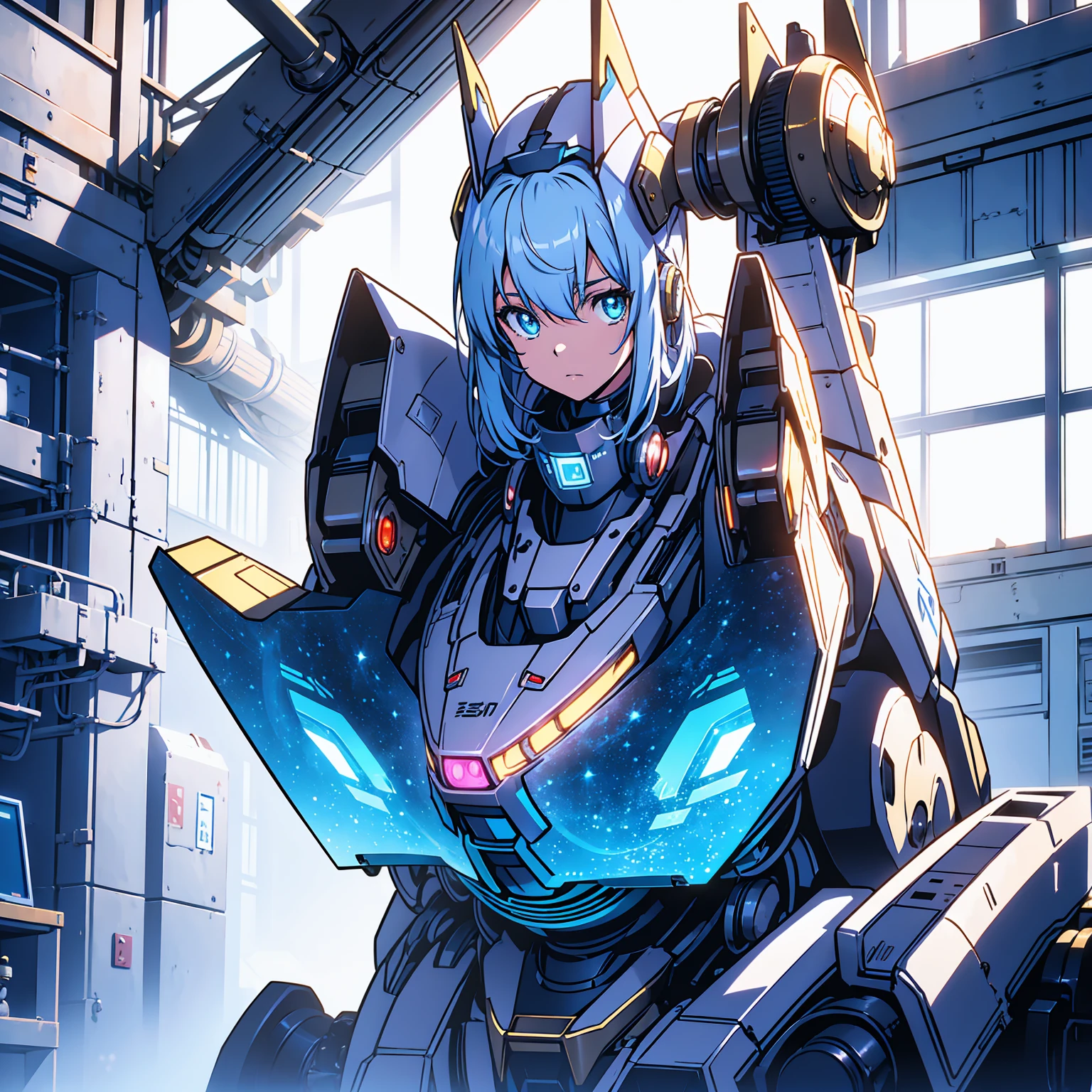 Anime characters, one teenage anime girl, silvery blue hair, bright blue star-shaped eyes, one Robot, Cape, Luminous Eyes, Rugged, Fantasy, Lights, outdated, old style, dark blue, bronze, Room with window, sitting