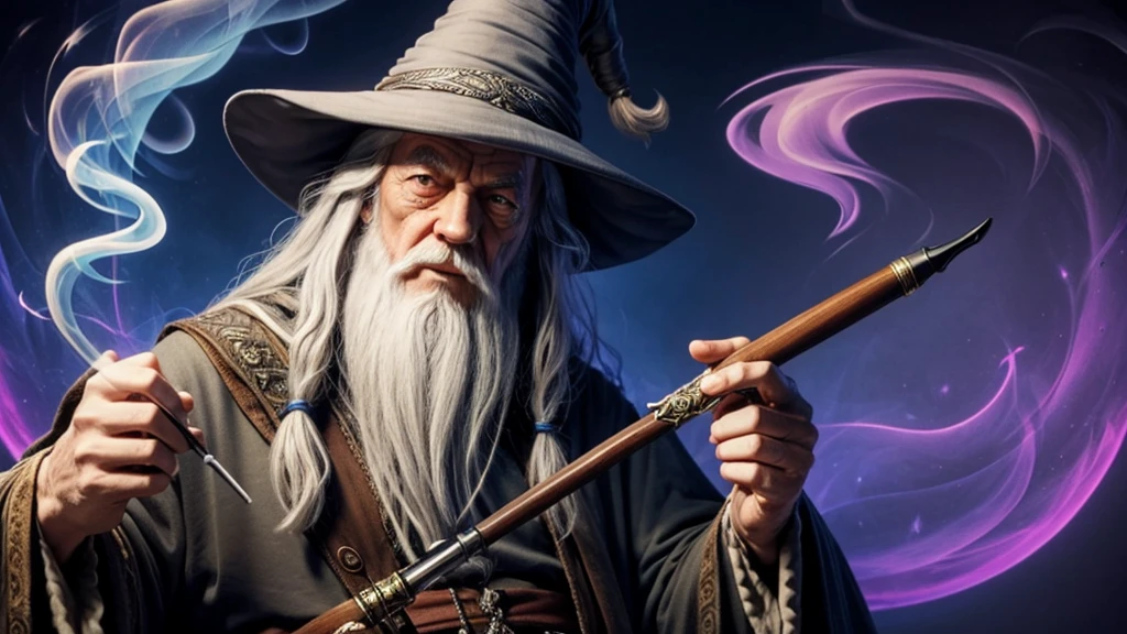a Gandalf-like wizard smoking a pipe with lots of smoke and a psychedelic background