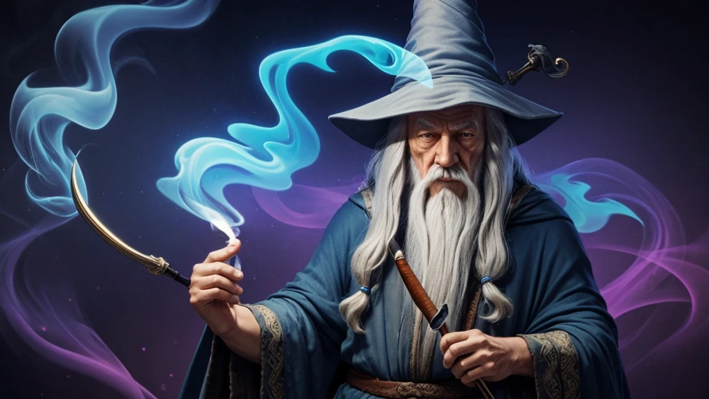 a Gandalf-like wizard smoking a pipe with lots of smoke and a psychedelic background