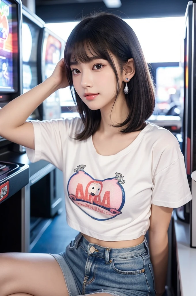 Game center, professional gamer, ((full body)), ((photo)), ((best qualtiy, 8K, tmasterpiece: 1.3)), Focus: 1.2, perfect figure beautiful girl: 1.4, 1girl, cowboy shot, look at viewer, eyes facing the camera, incredibly absurd, beautiful and cute girl with a photorealistic face, showcasing top-quality craftsmanship, A Japanese girl playing games at an arcade, , with a bob cut, silky black hair, bangs cut at an angle to reveal her right eye, large eyes, a soft smile, tanned skin, thin and well-formed eyebrows, straight nose with a rounded tip, thin lips but a healthy, natural pink colour, small ears with pierced ears, a slender neck with a sharp jawline, a small face with well-formed facial features, fair, fine, translucent skin, long eyelashes that make the eye makeup stand out, eyes that are powerful but also kind, Well-aligned, white teeth, healthy, shiny skin and hair, friendly expression, , slender, well-balanced proportions, good posture, beautiful C-cup breasts, white character T-shirt, blue denim jacket, yellow shorts, white sneakers, silver earrings, tote bag with game character illustration printed on it, beautiful girl, moe, devilish type, sociable and easy to talk to, values teamwork, curious and adventurous, has a sense of humor, July