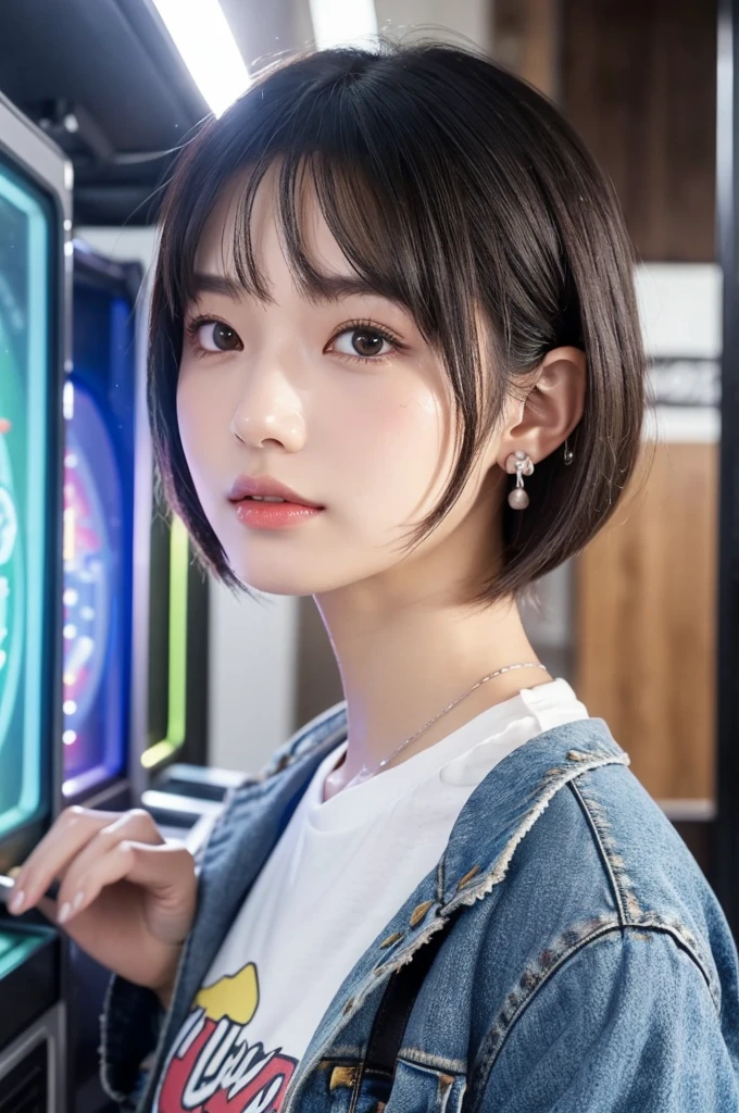 Game center, professional gamer, ((full body)), ((photo)), ((best qualtiy, 8K, tmasterpiece: 1.3)), Focus: 1.2, perfect figure beautiful girl: 1.4, 1girl, cowboy shot, look at viewer, eyes facing the camera, incredibly absurd, beautiful and cute girl with a photorealistic face, showcasing top-quality craftsmanship, A Japanese girl playing games at an arcade, , with a bob cut, silky black hair, bangs cut at an angle to reveal her right eye, large eyes, a soft smile, tanned skin, thin and well-formed eyebrows, straight nose with a rounded tip, thin lips but a healthy, natural pink colour, small ears with pierced ears, a slender neck with a sharp jawline, a small face with well-formed facial features, fair, fine, translucent skin, long eyelashes that make the eye makeup stand out, eyes that are powerful but also kind, Well-aligned, white teeth, healthy, shiny skin and hair, friendly expression, , slender, well-balanced proportions, good posture, beautiful C-cup breasts, white character T-shirt, blue denim jacket, yellow shorts, white sneakers, silver earrings, tote bag with game character illustration printed on it, beautiful girl, moe, devilish type, sociable and easy to talk to, values ​​teamwork, curious and adventurous, has a sense of humor, July