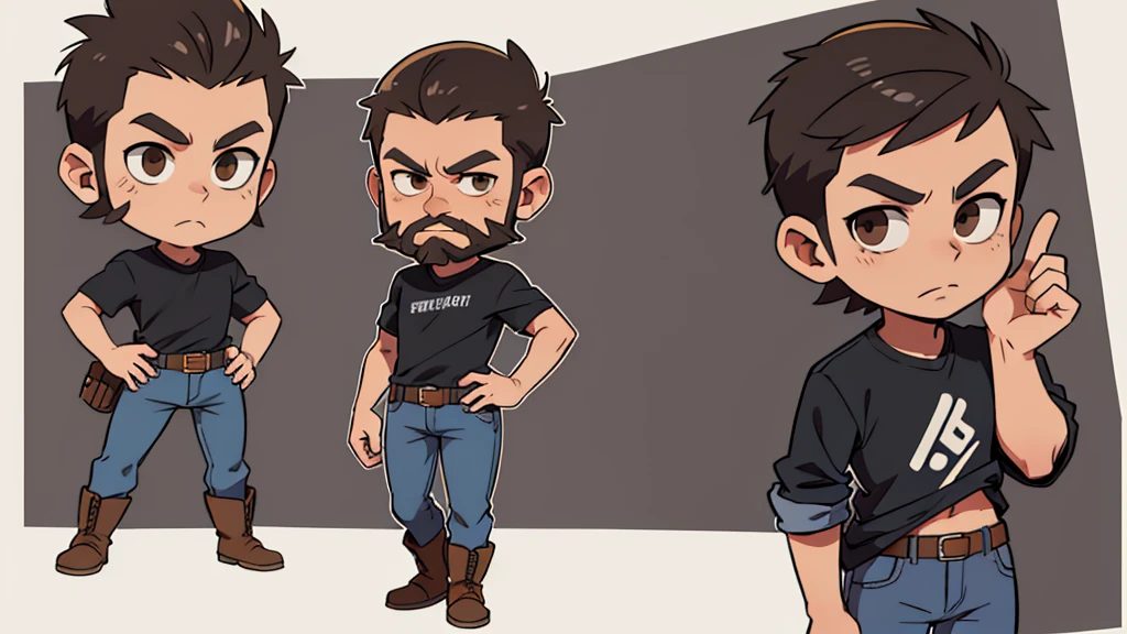 ultra high quality, solo, chibi style, tall lean man, angular face, bald, friendly brown eyes, full black beard, wearing a gray shirt and jeans with cowboy boots, standing