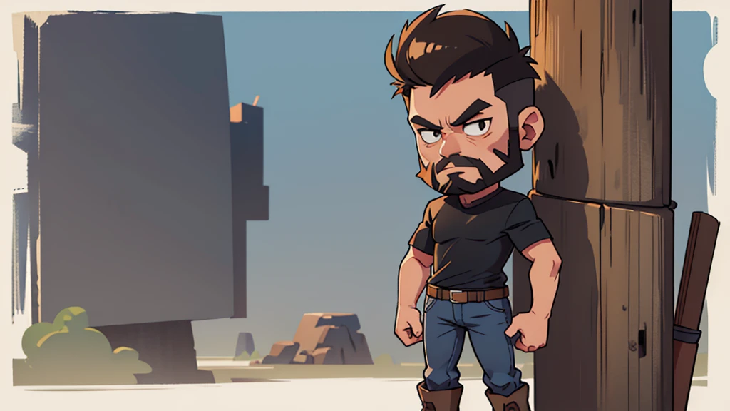 ultra high quality, solo, chibi style, tall lean man, angular face, bald, friendly brown eyes, full black beard, wearing a gray shirt and jeans with cowboy boots, standing