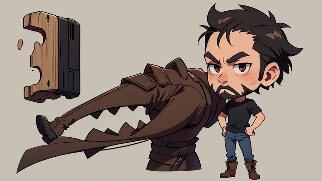 ultra high quality, solo, chibi style, tall lean man, angular face, bald, friendly brown eyes, full black beard, wearing a gray shirt and jeans with cowboy boots, standing