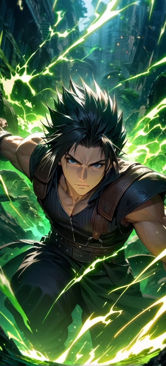 Symetrical,absurdres, highres, ultra detailed, HDR, masterpiece, extremely detailed face and eyes, zack,final fantasy 7,black hair , , solo, man, handsome, ,, , Epic fight scene,black lightning effect, glowing glitters, ,green flames effect, green aura effect,black eyes, green splashing, surrounded by green energy