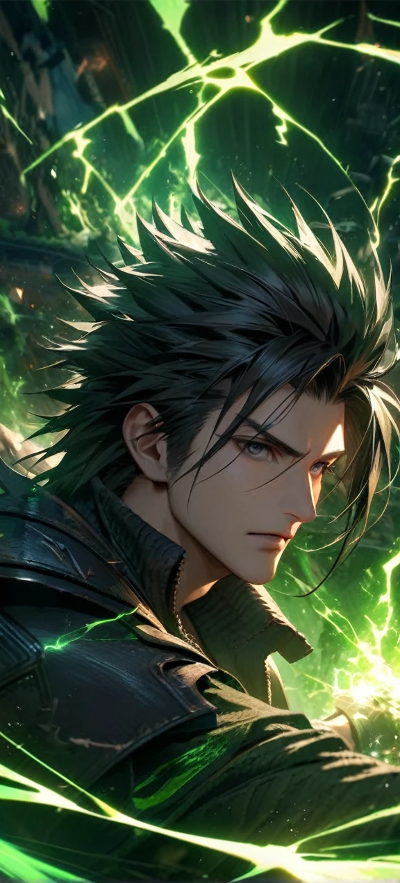 Symetrical,absurdres, highres, ultra detailed, HDR, masterpiece, extremely detailed face and eyes, zack,final fantasy 7,black hair , , solo, man, handsome, ,, , Epic fight scene,black lightning effect, glowing glitters, ,green flames effect, green aura effect,black eyes, green splashing, surrounded by green energy