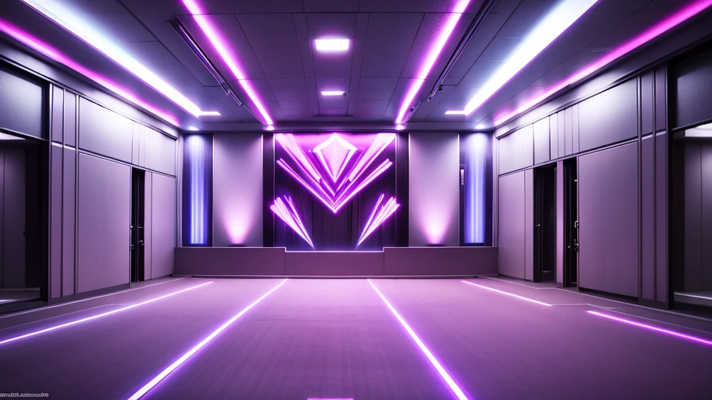 front view of a pearlescent rectangular room,dimly lit, pink and blue and purple dim neon light glow, super dark lighting