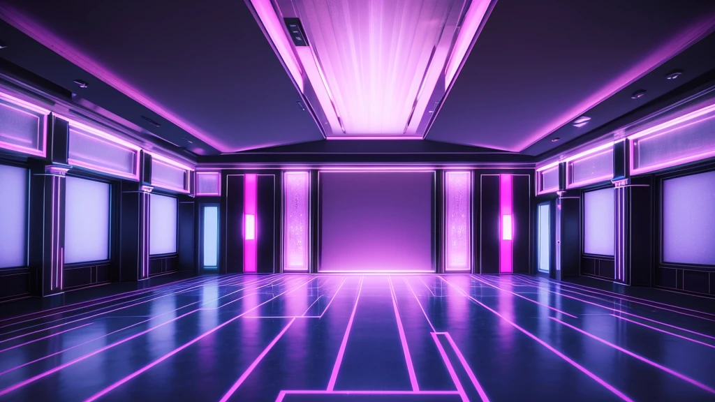 front view of a pearlescent rectangular room,dimly lit, pink and blue and purple dim neon light glow, super dark lighting