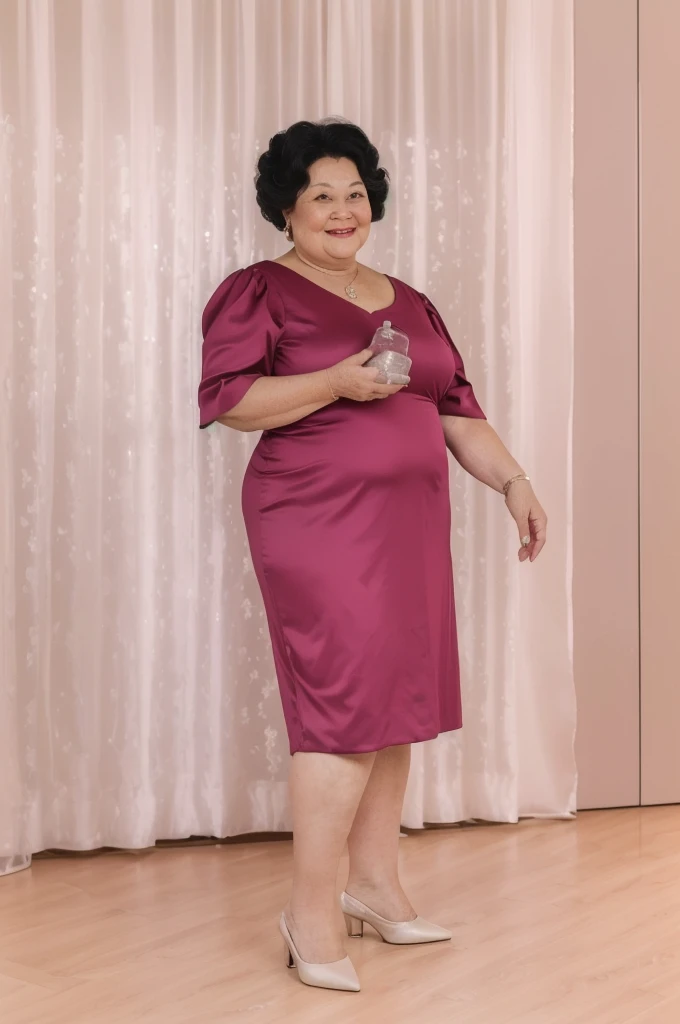 There is a woman in a dress standing in front of a window, full body portrait holding a bottle, she is about 7 0 years old, a portrait of a plump woman, she is about 6 0 years old, posing elegantly on the camera, making a graceful pose, taken in the early 2020s, she is about 50 years old