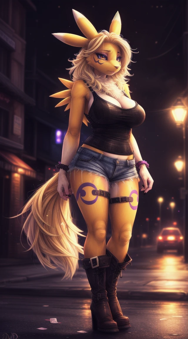 uploaded on e621, (((by Dimwitdog))), solo female (((renamon))), wear (((slutty street hooker outfit))), (detailed renamon), digimon, (detailed lighting),(detailed fur), (detailed big breasts), big breasts, (detailed skin), BREAK, ((standing at a street corner at night)), (cinematic lighting), ((detailed background)), ((depth of field)), (half body shadow), ((looking at viewer)), (low-angle view), ((three-quarter view)), [backlighting], [detailed ambient light], [gray natural lighting], [ambient light on the belly], [realistic proportions], [explicit content, adult, nsfw], [sharp focus], (questionable content), (shaded), (hi res), ((masterpiece)), half-closed eyes, bimbo, ((long blonde hair)), (blonde hair on head), (prostitute), money, condom wrapper strip, denim shorts, tank top, hooker boots, ("jaded and sad" expression), (after prostitution), sloppily dressed, used condom, wide hips,