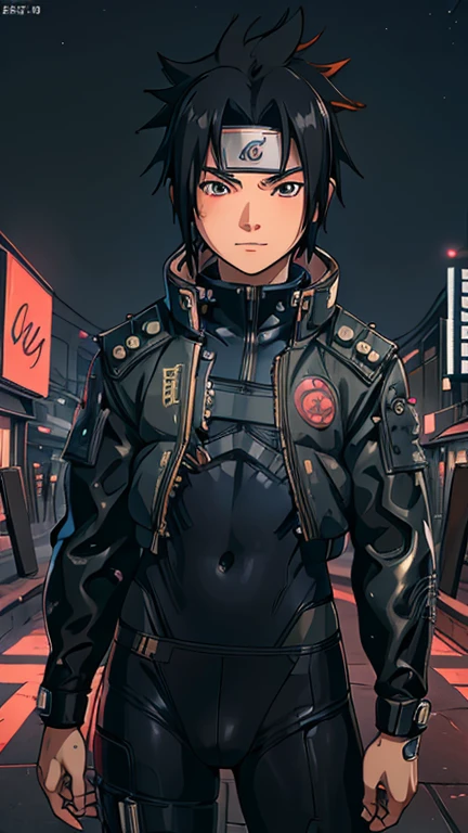 (8k),(masterpiece),(Japanese),(13-year-old boy),((innocent look)),((Childish)),From the front,smile,cute,Innocent,Kind eyes,Flat chest, Uchiha Sasuke wearing Cyberpunk Bodysuit,Short,Hair blowing in the wind,Black Hair,Strong wind,night,dark, Neon light cyberpunk Konoha village