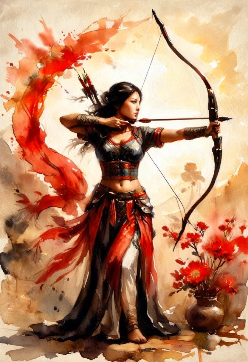 a Chinese  watercolor illustration (using Black, white and red colors only) of a exquisite beautiful female archer, (silhouette artwork: 1.3), aiming a bow, holding the (composite masterwork bow: 1.3)  perfectly, ready for action as the sun rises, fantasy art, ), sun rising behind the archer, ready to act,  ultra feminine, with a long curvy hair, dynamic clothing, intricate clothes, , sting drawn to the cheek , arrow ready to be shot, (tip of the arrow glimmers in the sun: 1.3), sunrays, divine rays, high details, best quality, 16k, [ultra detailed], masterpiece, best quality, (extremely detailed), dynamic angle, Aiming a Bow, bow (weapon), 