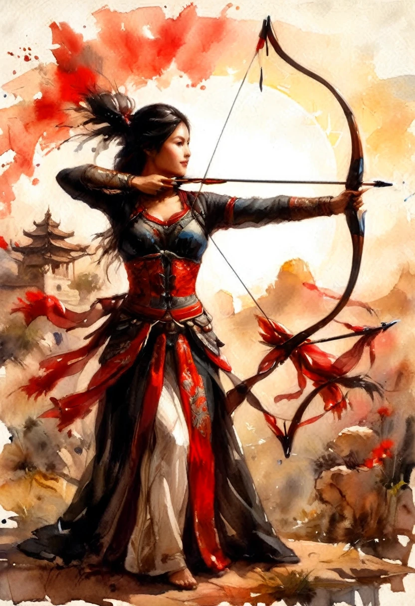 a Chinese  watercolor illustration (using Black, white and red colors only) of a exquisite beautiful female archer, (silhouette artwork: 1.3), aiming a bow, holding the (composite masterwork bow: 1.3)  perfectly, ready for action as the sun rises, fantasy art, ), sun rising behind the archer, ready to act,  ultra feminine, with a long curvy hair, dynamic clothing, intricate clothes, , sting drawn to the cheek , arrow ready to be shot, (tip of the arrow glimmers in the sun: 1.3), sunrays, divine rays, high details, best quality, 16k, [ultra detailed], masterpiece, best quality, (extremely detailed), dynamic angle, Aiming a Bow, bow (weapon), 