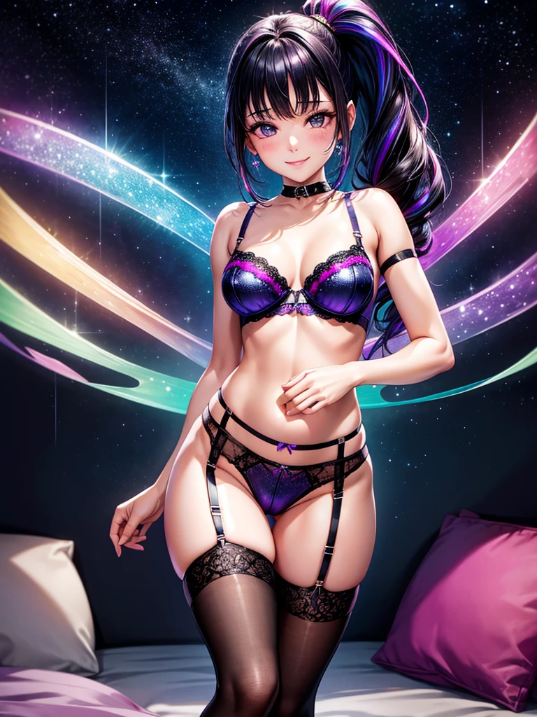Highest quality,Highest Resolution,4K quality,Smiling beautiful girl,Full body close-up,Starry Eyes,Black hair ponytail,,Iridescent Bra,Iridescent underwear,High leg,Rainbow garter belt,Rainbow colored knee-high stockings,Dark bedroom at night,Purple bedding,Iridescent underwear,Standing posture,