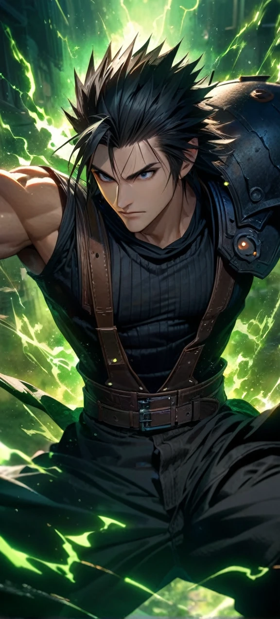 Symetrical,absurdres, highres, ultra detailed, HDR, masterpiece, extremely detailed face and eyes, zack,final fantasy 7,black hair , , solo, man, handsome, ,, , Epic fight scene,black lightning effect, glowing glitters, ,green flames effect, green aura effect,black eyes, green splashing, surrounded by green energy