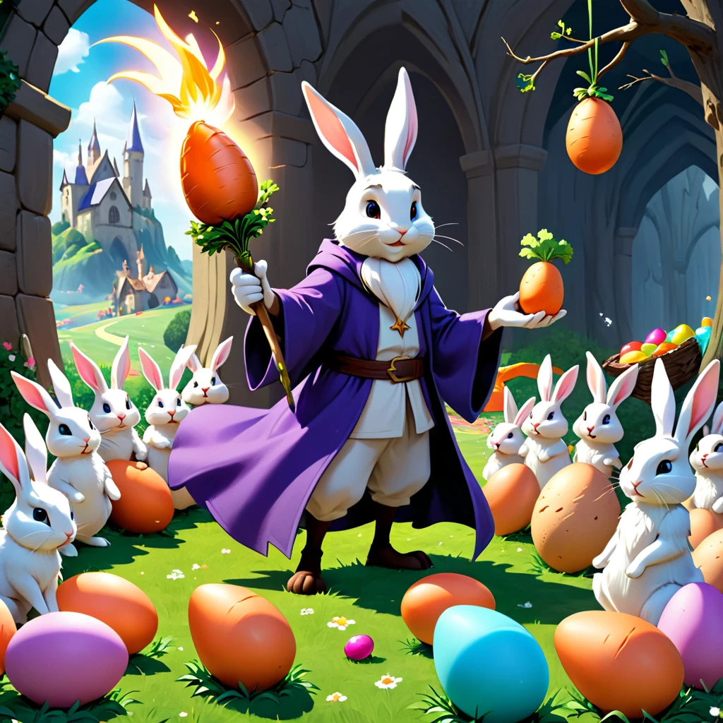 bunnies, easter decorated eggs, easter theme,
A wizard accidentally turning his magic staff into a giant carrot, with a group of hungry rabbits suddenly surrounding him, under the bewildered light of a magic mishap at midday.,
highres, high quality, masterpiece, amazing, beautiful, breathtaking, astonishing, brilliant, incredible,