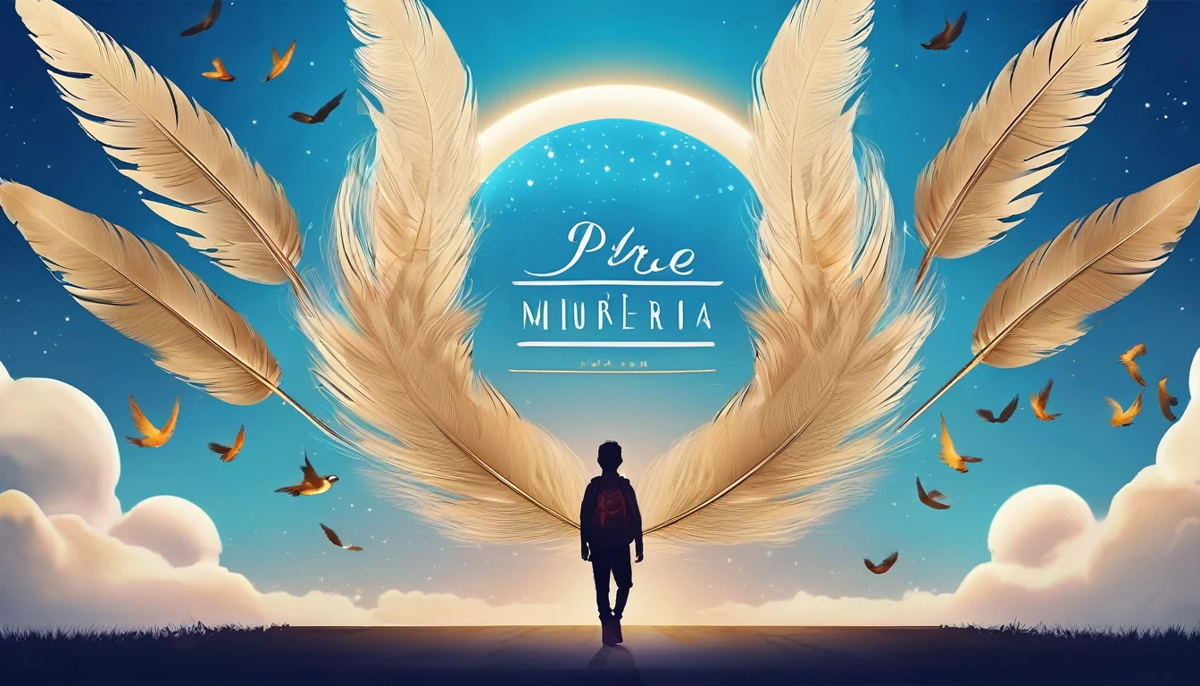 Create a professional, fantastic, cinematic dream-like Youtube Banner for a brand about music, stories, fantasy and dreams called " Penamemoria". Masterpiece, 4k, sharp focus, highest quality,wide shot. The title is " Penamemoria". Is a brand about the creative, unique journey of a boy into becoming a musician storyteller inspired by feathers and birds. Modern logo design of a boy and a feather. The logo must convey a sense of memories and dreams.