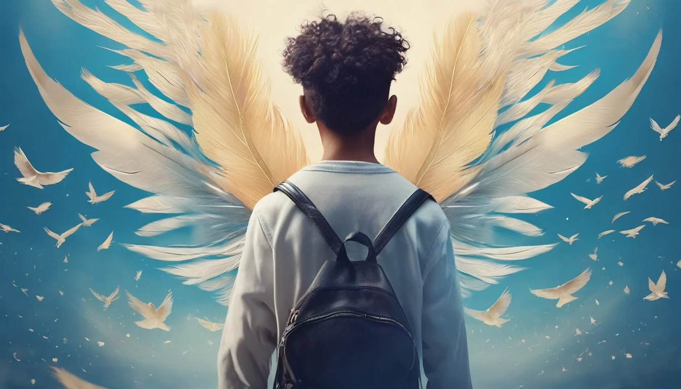 Create a professional, fantastic, cinematic dream-like Youtube Banner for a brand about music, stories, fantasy and dreams called " Penamemoria". Masterpiece, 4k, sharp focus, highest quality,wide shot. The title is " Penamemoria". Is a brand about the creative, unique journey of a boy into becoming a musician storyteller. In his journey he finds inspiration in a world of birds and feathers. Minimalistic, simple, poetic, dreamy logotype at the center of the image. The Background image is a world full of fantastic feathers, unique birds, light blue sky, soft white and light golden. Logo design of a face of a boy and a face of a feather