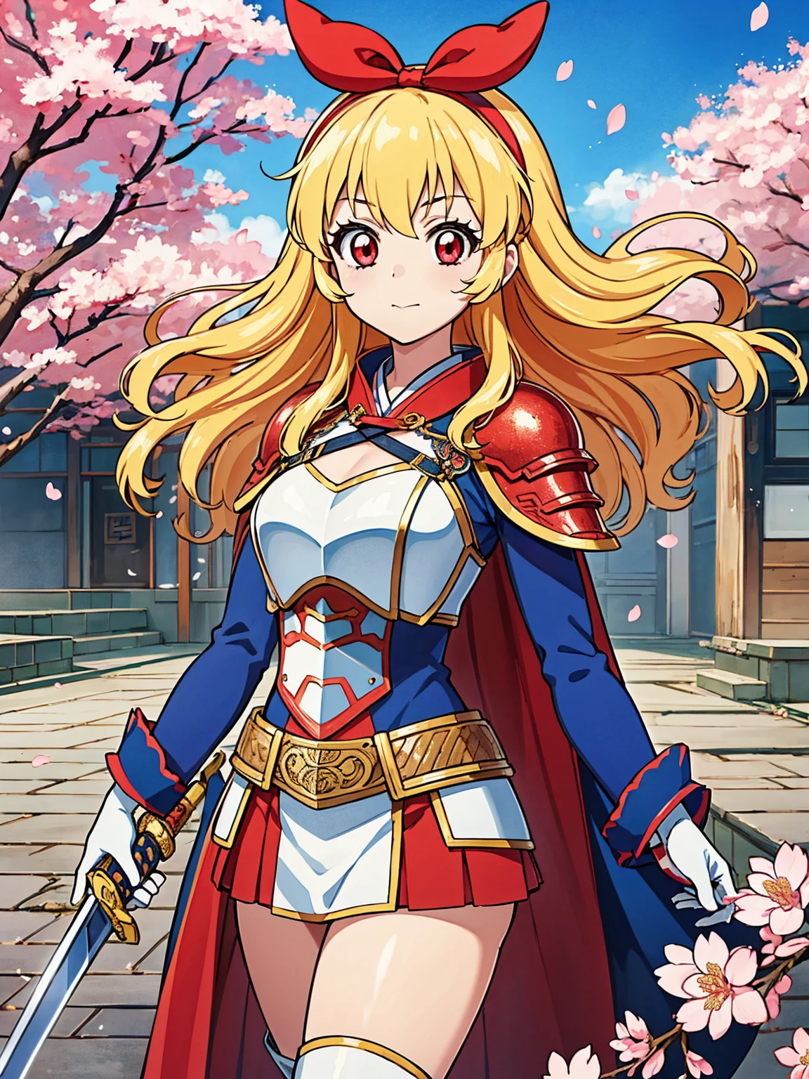 Solitary, 1 girl, Keep, arms, , sword, cape, armor, warrior刀, helmet, Gloves, sheath, japanese armor, armor, warrior，Cherry Blossoms，Cherry blossom petals flying background（（（masterpiece）））， （（best quality））， （（Intricate details））（8K）,hoshimiya ichigo,