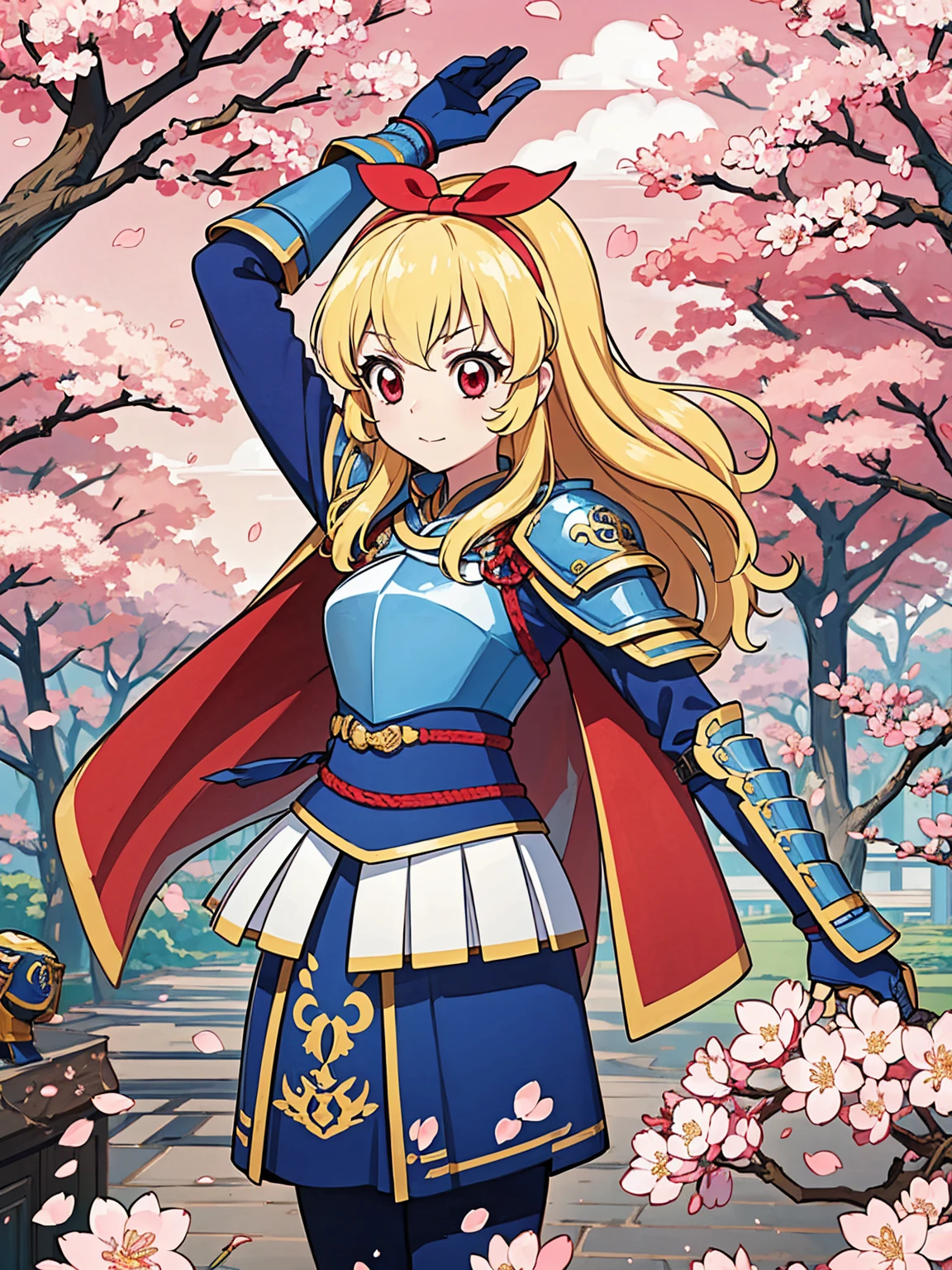 Solitary, 1 girl, Keep, arms, , sword, cape, armor, warrior刀, helmet, Gloves, sheath, japanese armor, armor, warrior，Cherry Blossoms，Cherry blossom petals flying background（（（masterpiece）））， （（best quality））， （（Intricate details））（8K）,hoshimiya ichigo,