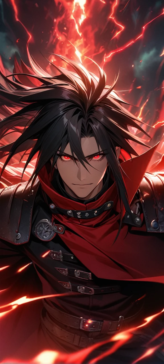 Symetrical,absurdres, highres, ultra detailed, HDR, masterpiece, extremely detailed face and eyes, Vincent Valentine,final fantasy 7,long black hair , , solo, man, handsome, ,, , Epic fight scene,red  lightning effect, glowing glitters, , red flames effect, red aura effect, red splashing