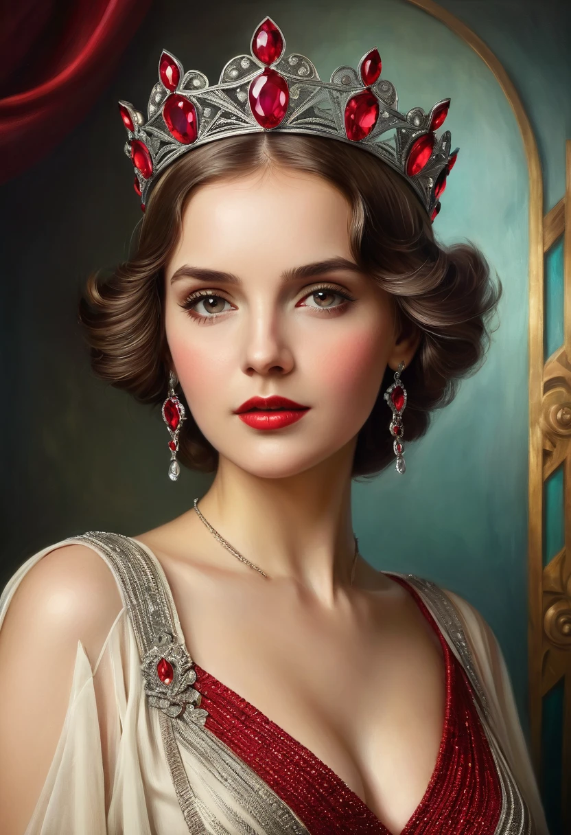  woman with an art deco ruby ​​decorated crown, in the style of Elifcan, fantastic studio lighting, oil on canvas, beautiful details, sharp quality