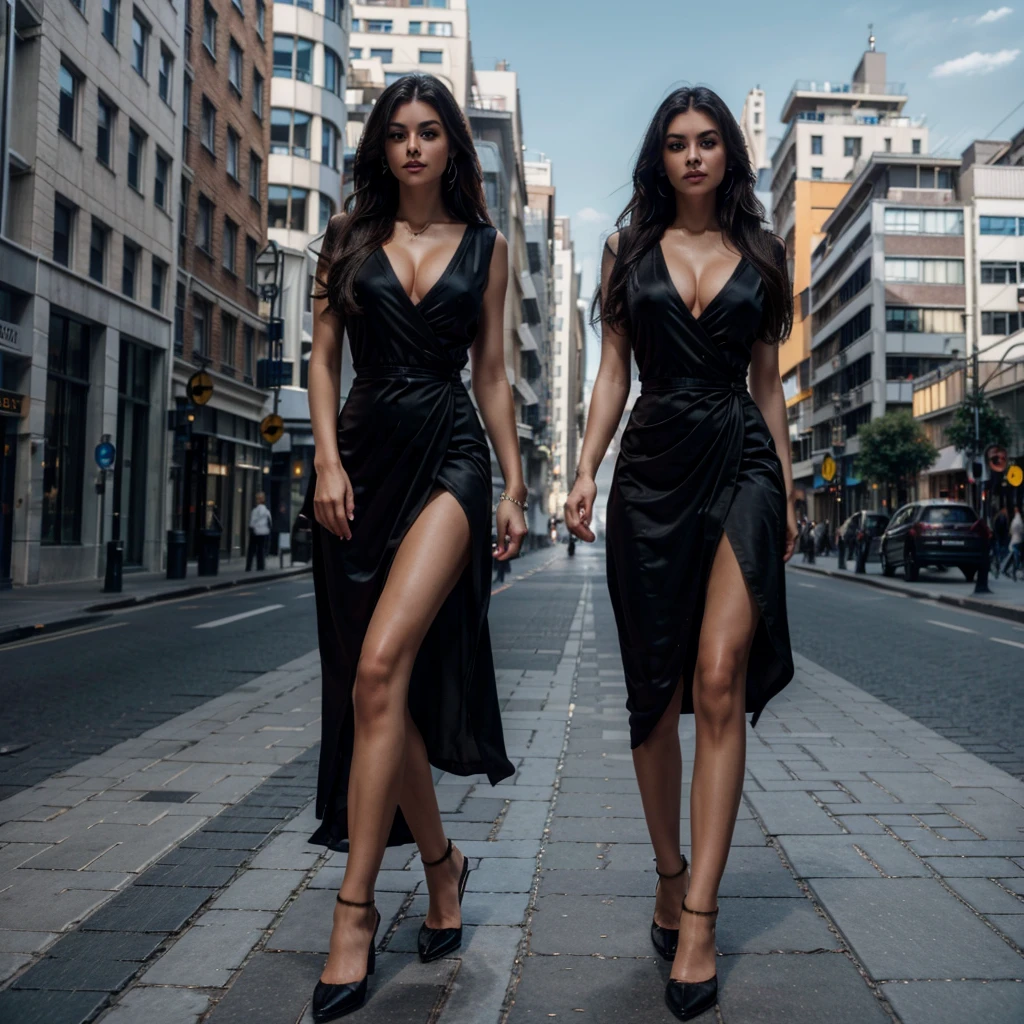 a woman, 1 person standing in the middle of a city street, wearing a black silk dress with Vshape to belly , blonde long hair,(best quality,4k,8k,highres,masterpiece:1.2),ultra-detailed,(realistic,photorealistic,photo-realistic:1.37),beautiful detailed eyes,beautiful detailed lips,extremely detailed eyes and face,longeyelashes,city background,urban landscape standing on the pavement,modern architecture,sunlight,natural lighting,cinematic,elegant,fashionable,atmospheric