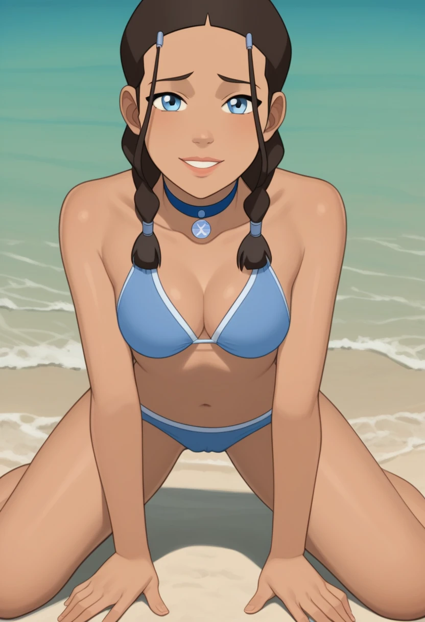 score_9_up, score_8_up, score_7_up, 1girl, solo, mature female, ((Katara)), Latin skin color, brown braided hair, blue eyes, pink lips, parted lips, fit slim body, ((perfect medium erected breast)), (((blue seductive bikini, blue choker))), (((Iceland beach))), perfect model body, wide hips, naughty smile, (((having sex in doggystyle position))), (((perfect pussy penetration)))(((POV))),(((from behind)))