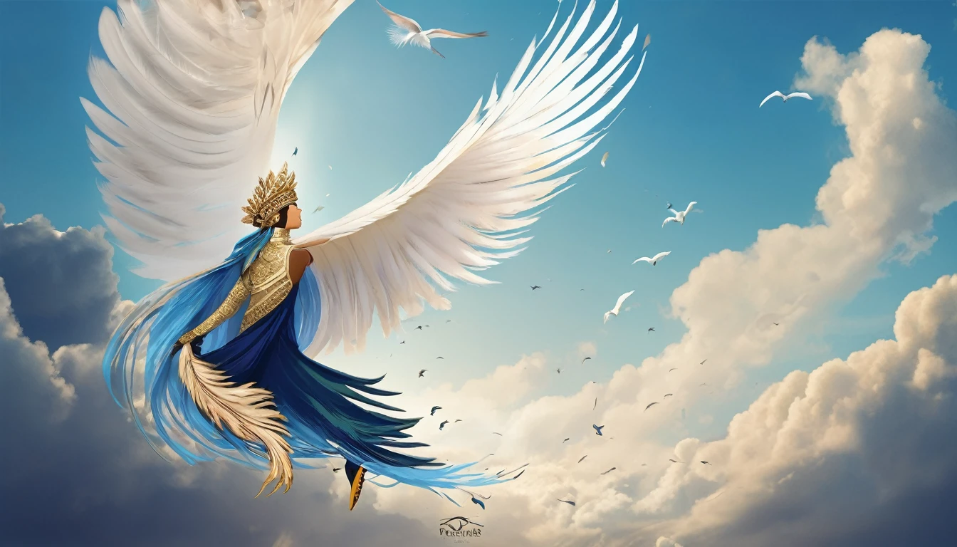Create a minimalistic, simple, fantastic, easy to understand, logo design of a boy and a feather for an upcoming Brand called " Penamemoria". Create the logo in the center. A fantasy theme with birds and feathers as background, blue sky, white clouds. Use the colours light blue, white, golden in the logo. The logo design must convey a sense of storytelling, memories, dreams and music. Must convey a feeling of being a true Dreamer.