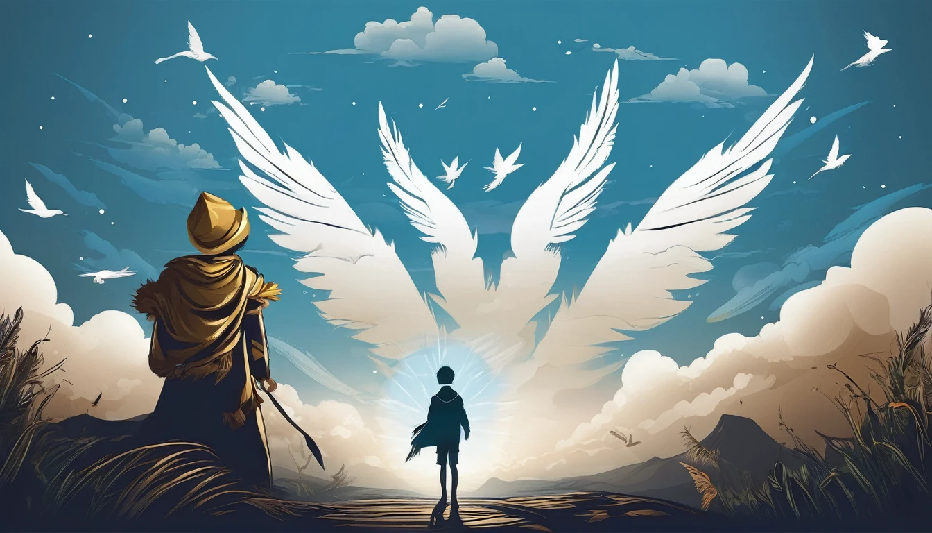 Create a minimalistic, simple, fantastic, easy to understand, logo design of a boy and a feather for an upcoming Brand called " Penamemoria". Create the logo in the center. A fantasy theme with birds and feathers as background, blue sky, white clouds. Use the colours light blue, white, golden in the logo. The logo design must convey a sense of storytelling, memories, dreams and music. Must convey a feeling of being a true Dreamer.