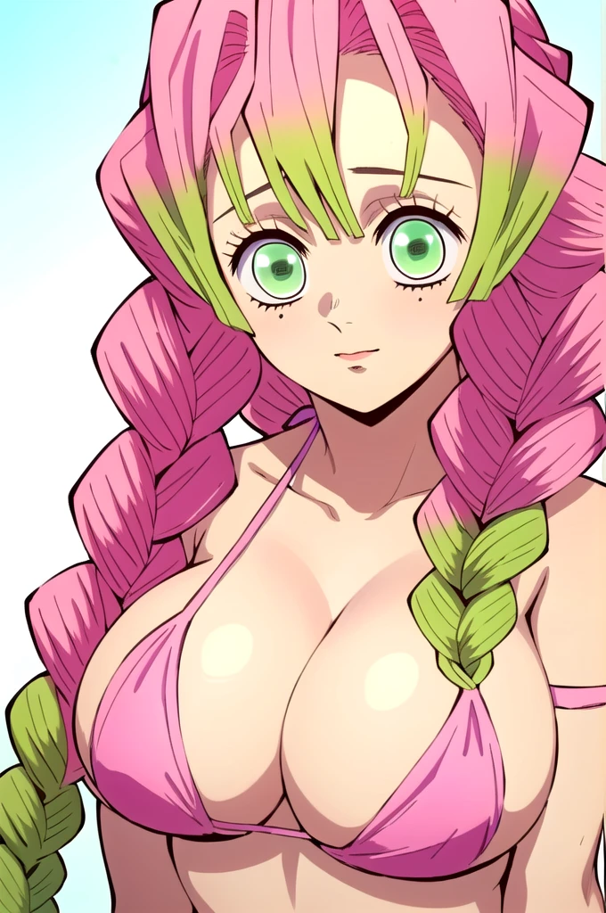 (masterpiece, best quality),  intricate details,
MitsuriKanroji,  kanroji mitsuri, 1girl, solo, upper body, long hair, winking, green eyes, pink hair, braid, green hair, twin braids, parody, large breast, huge breasts, bikini top, headshot, collarbone, neck, bare shoulders, pink bikini top, cleavage, in frame, peeker, top angle, shot from above, head shot, perfect shot, plain background, white background, photoshoot, complete head in frame, top of head